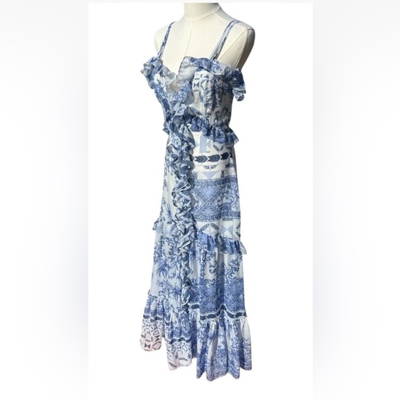 PatBO Amalfi Convertible White/Blue Printed Ruffle Chiffon Maxi Dress Size XS - Picture 11 of 17
